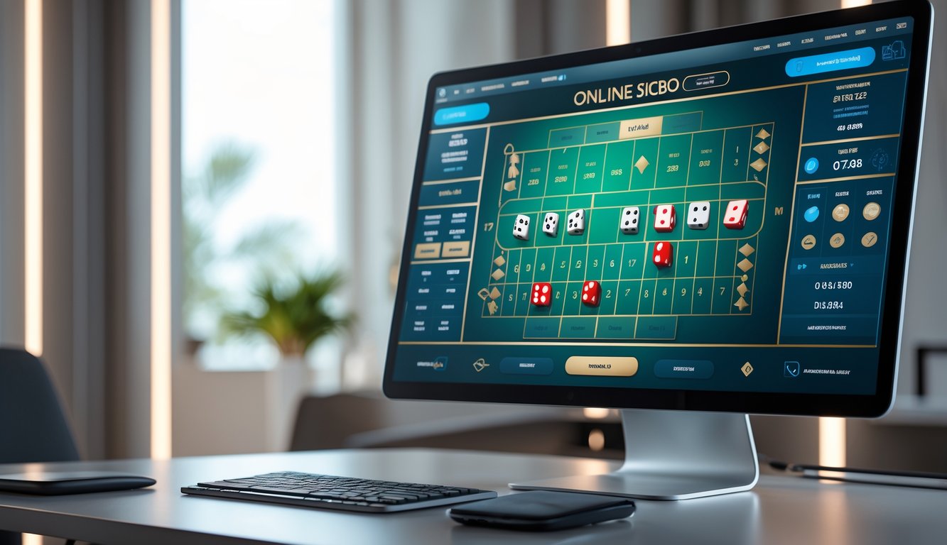 Antarmuka permainan Sicbo online di layar komputer dengan meja dadu virtual dan suasana ruangan yang modern dan terang.