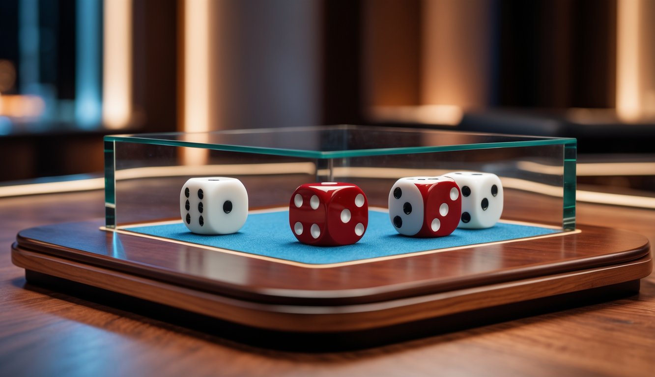 Meja dadu premium untuk permainan Sicbo online dengan tiga dadu berwarna merah dan putih sedang bergulir di atas meja.