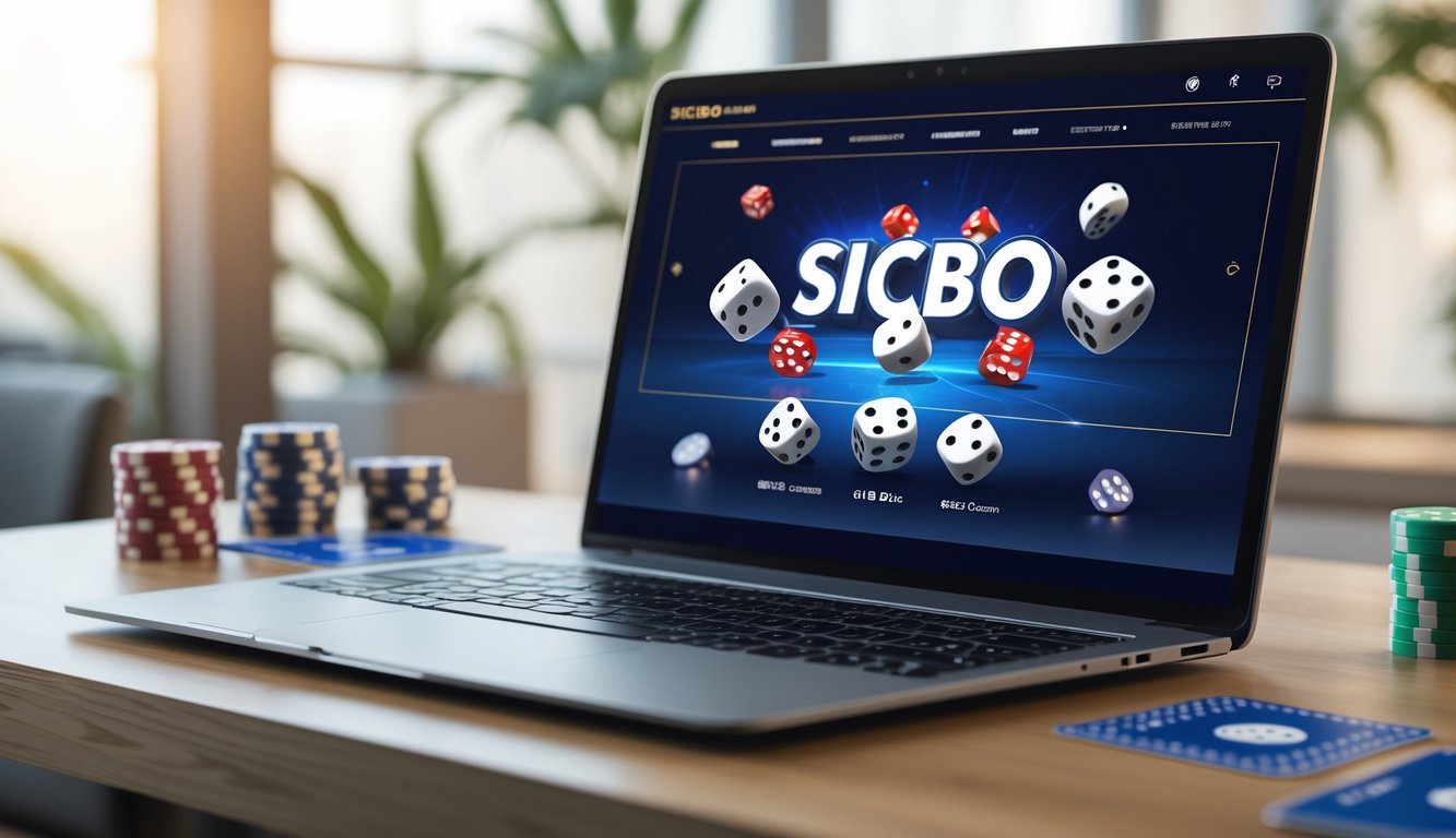 Layar komputer menampilkan permainan Sicbo online dengan dadu dan aksesori permainan di atas meja kayu yang rapi.