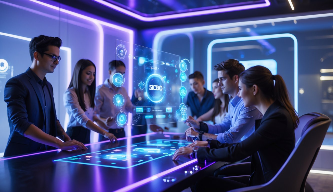 Beberapa orang muda sedang bermain permainan Sicbo online di layar sentuh besar dalam ruangan modern dengan pencahayaan biru dan ungu.