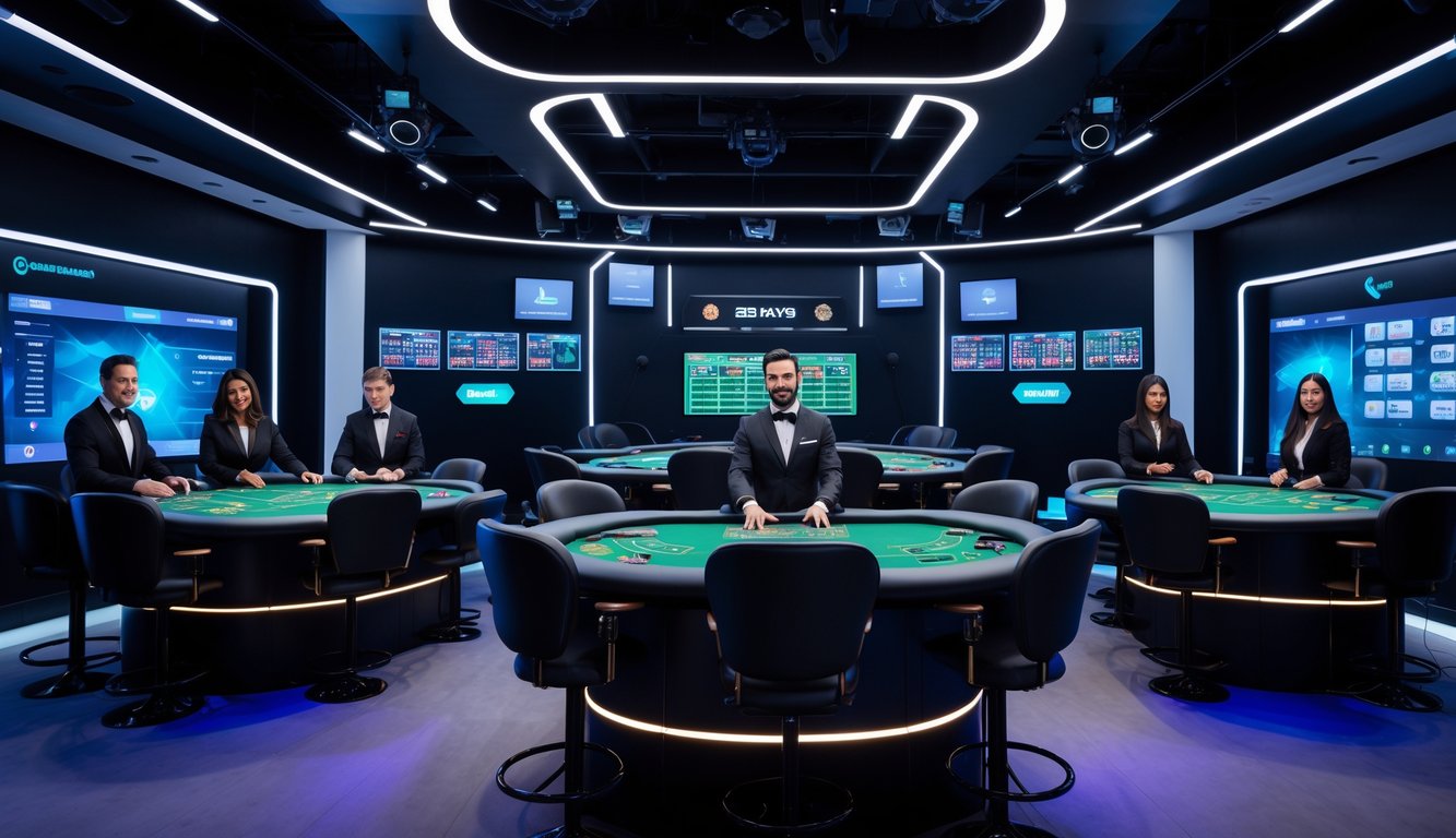 Studio kasino online dengan meja dealer langsung dan teknologi modern, menampilkan dealer yang sedang bermain kartu.