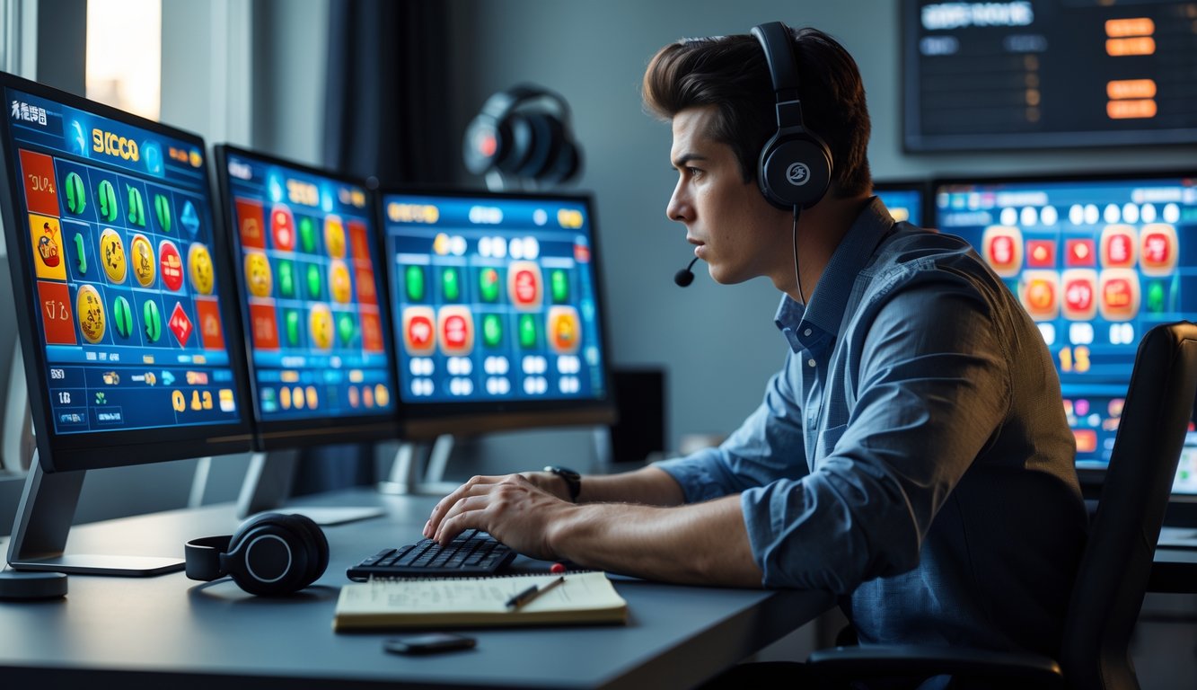 Seorang pria muda serius duduk di depan komputer dengan tampilan permainan Sicbo online dan peralatan teknologi di sekitarnya.