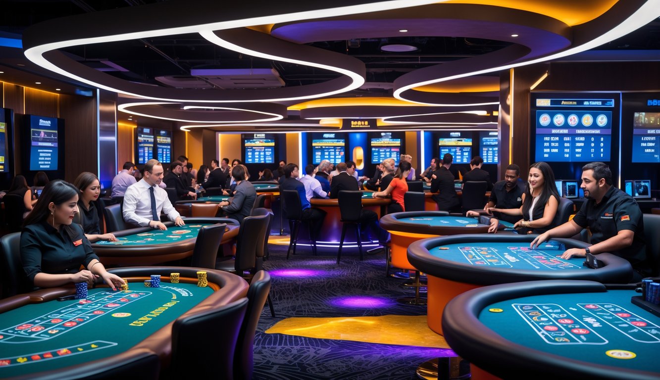 Suasana kasino online dengan beberapa meja permainan langsung dan dealer yang sedang bertugas, dikelilingi oleh layar digital dan pencahayaan warna-warni.