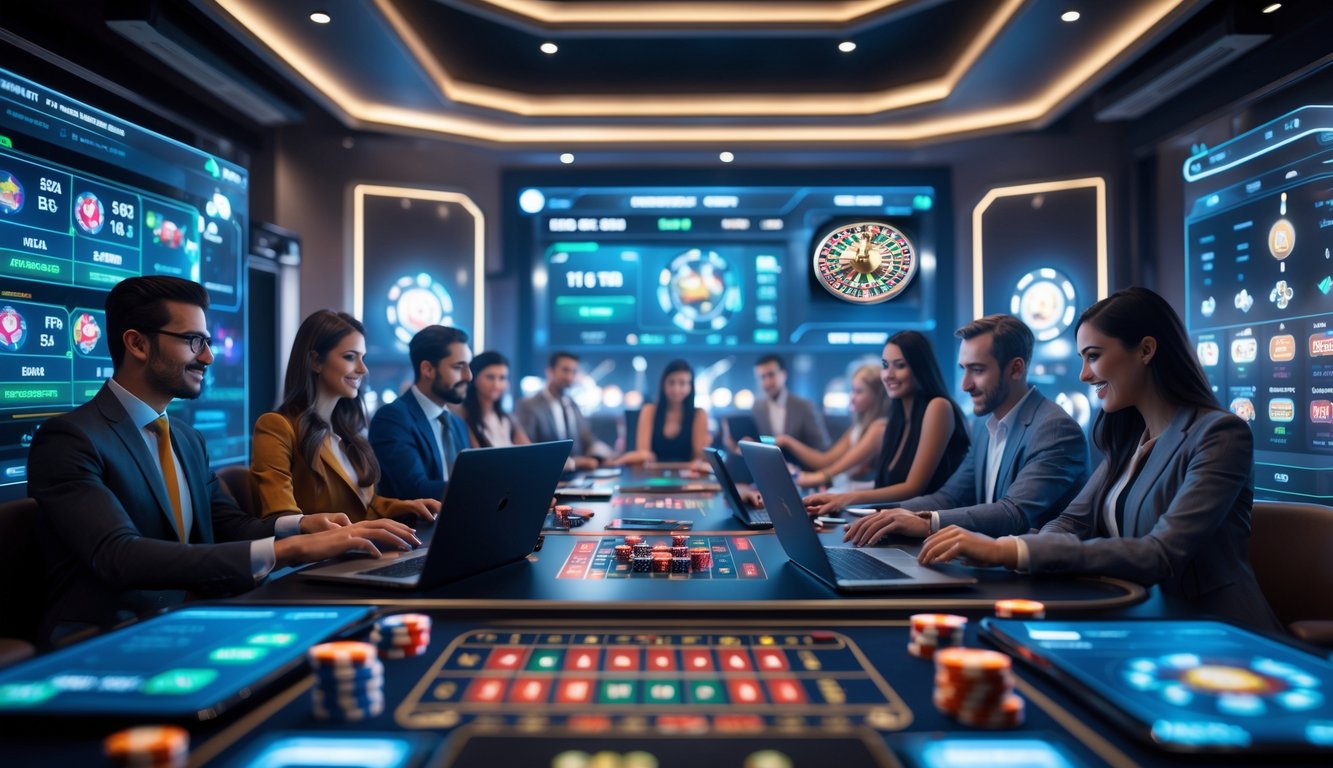 Beberapa orang bermain permainan kasino langsung secara online menggunakan laptop dan ponsel di ruangan modern dengan perangkat digital dan suasana yang hidup.