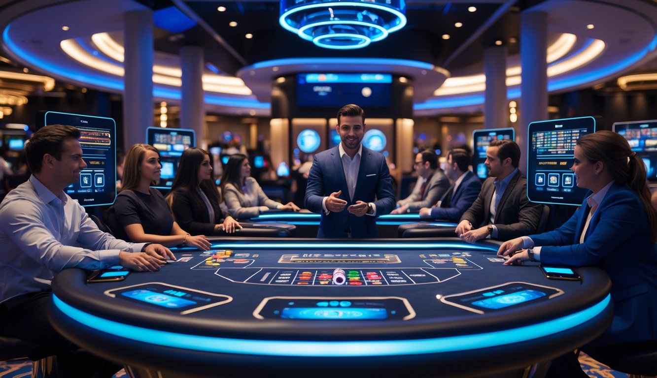 Suasana meja permainan kasino langsung modern dengan pemain dan dealer di tengah, dikelilingi layar digital dan teknologi canggih.