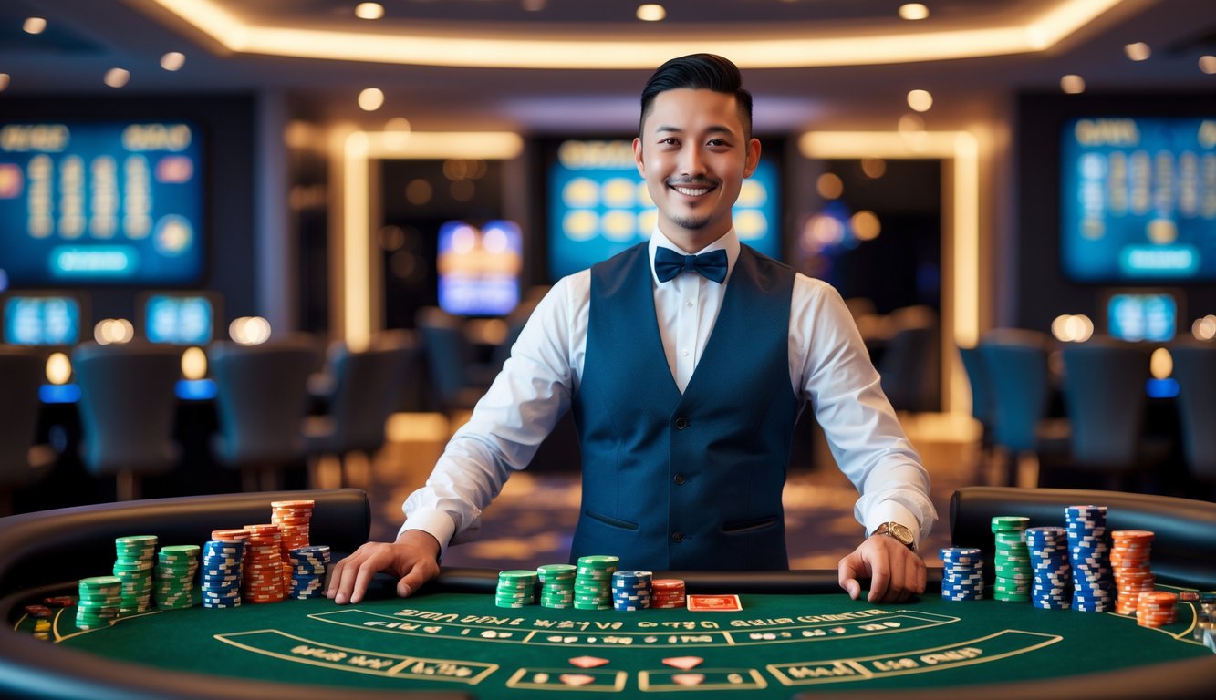 Seorang dealer kasino profesional berdiri di belakang meja permainan dengan kartu dan chip, tersenyum hangat dalam suasana kasino modern.