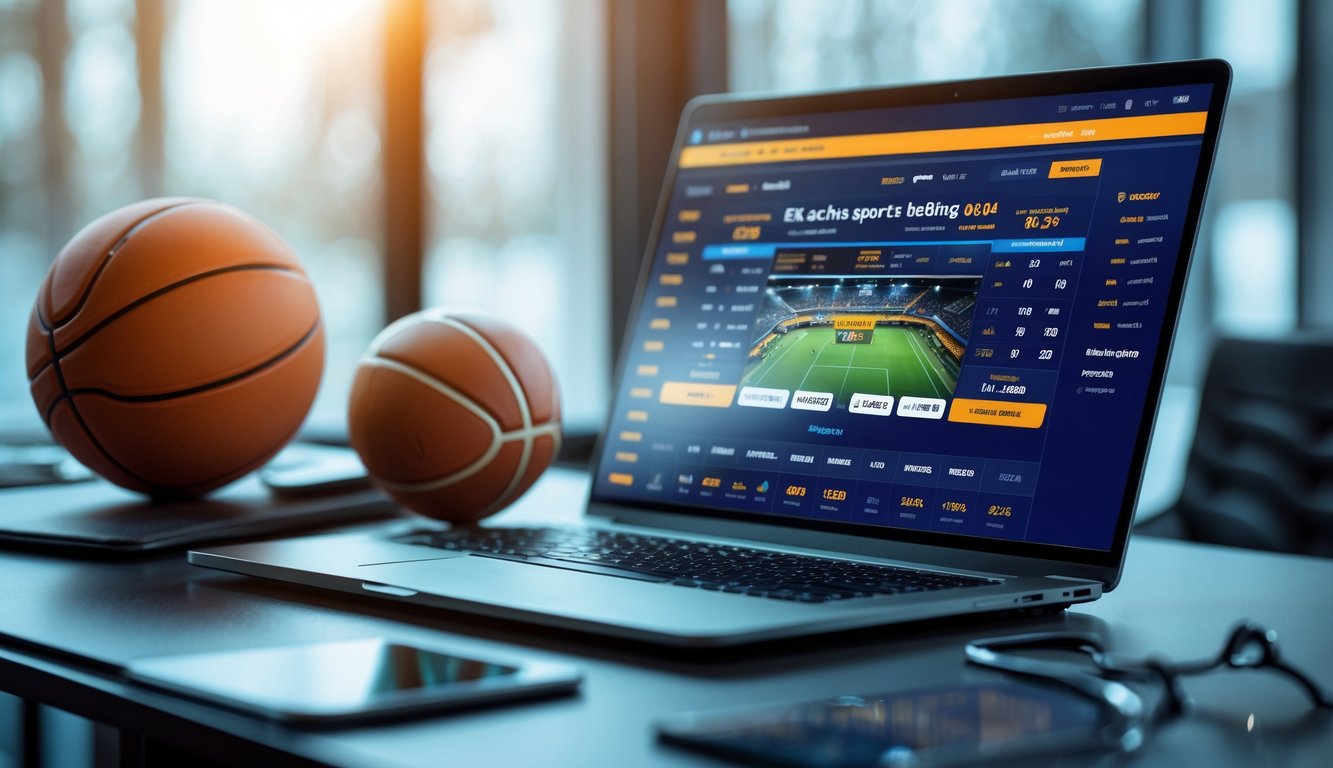 Seseorang menggunakan laptop dengan tampilan taruhan olahraga online, dikelilingi oleh bola sepak, bola basket, dan raket tenis di atas meja.