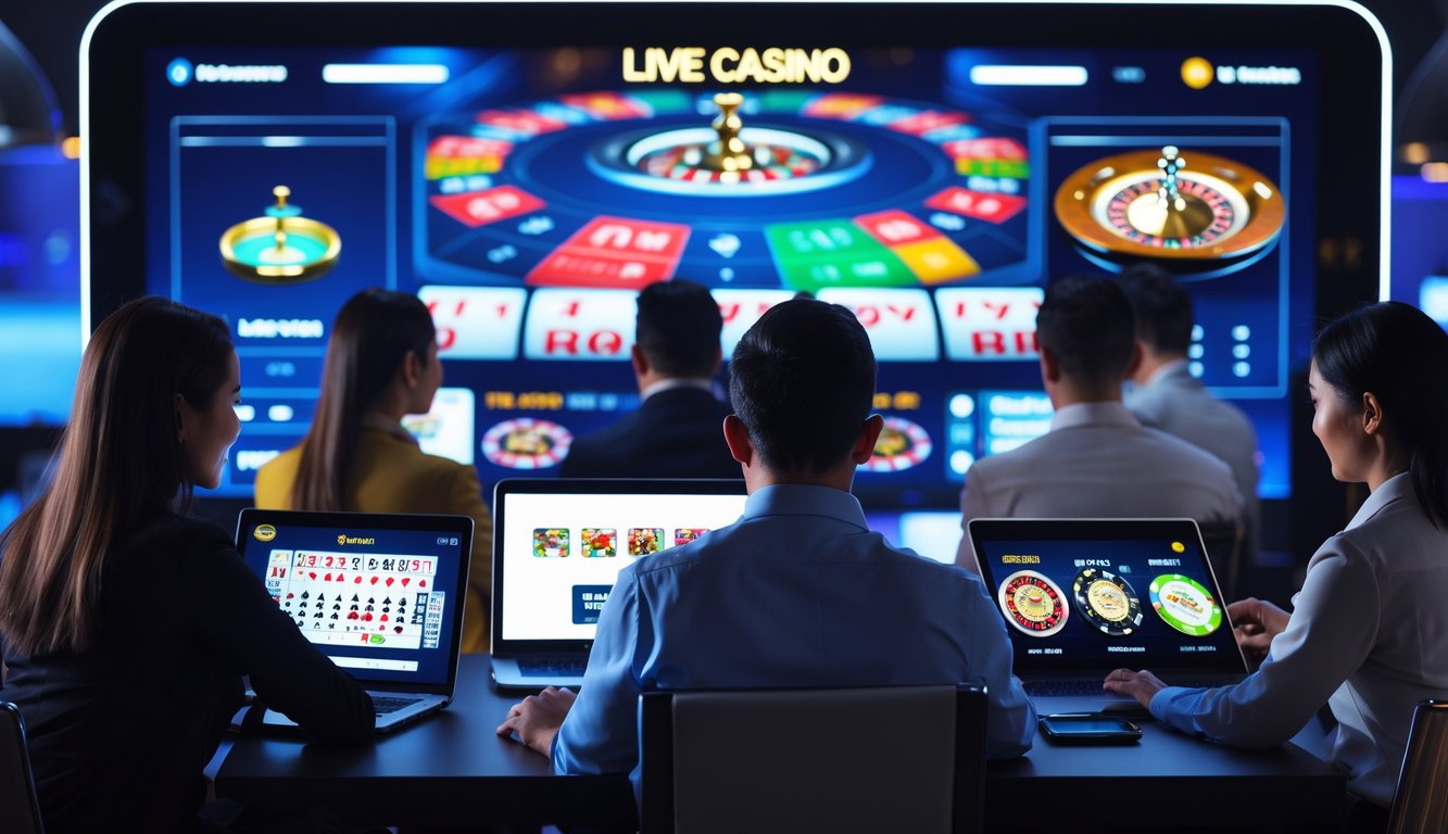 Sejumlah orang menggunakan perangkat digital untuk bermain permainan kasino online dengan suasana yang aman dan interaktif.