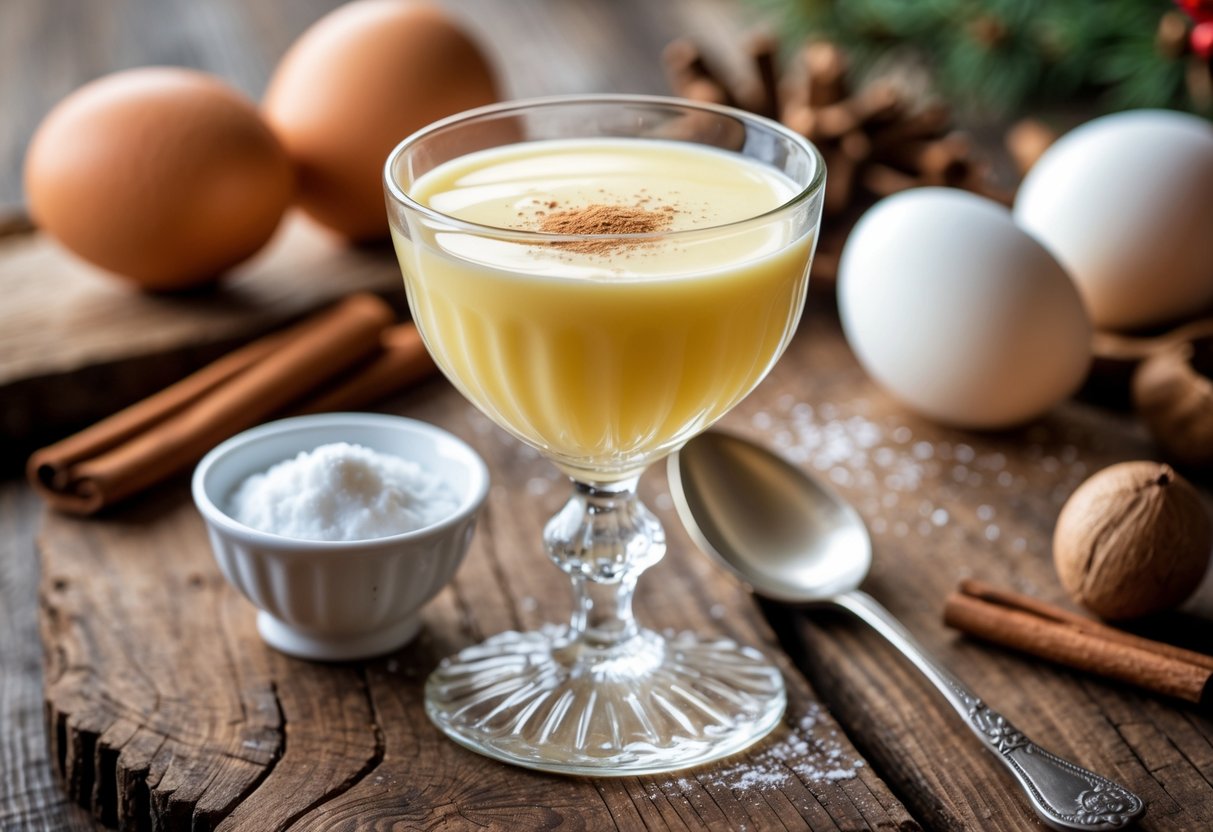 Various glasses and mugs of eggnog with different ingredients like cinnamon sticks, nutmeg, eggs, and cream arranged on a kitchen countertop.