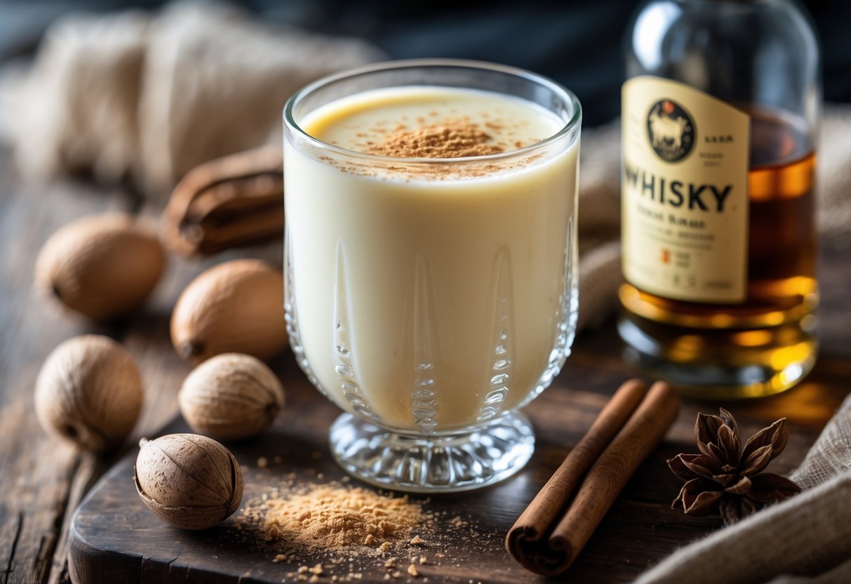 A glass of Scottish eggnog with whisky and nutmeg on a wooden table surrounded by nutmeg pods, a cinnamon stick, and a small whisky bottle.
