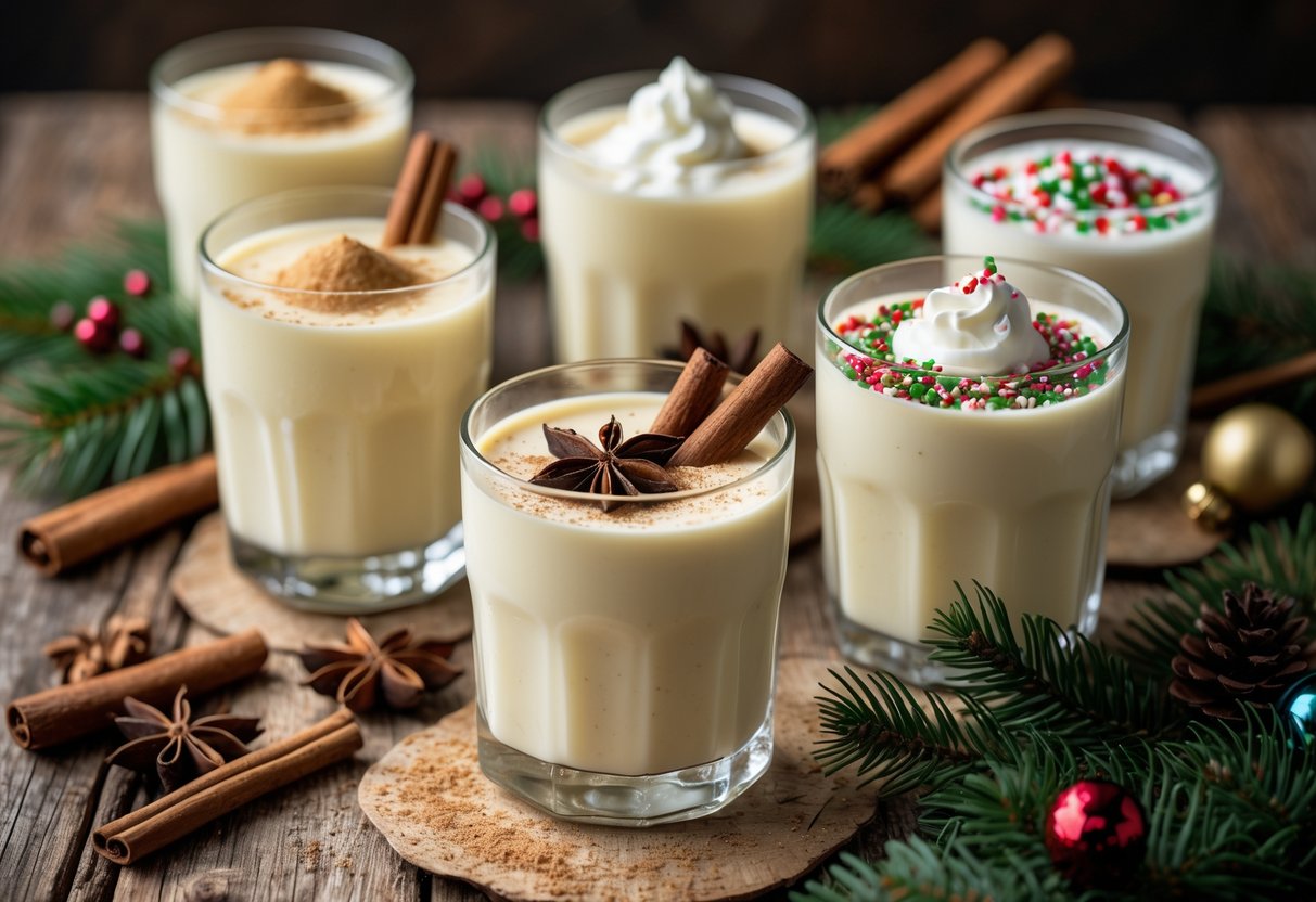 A holiday table with several glasses of eggnog, each garnished differently with spices and whipped cream, surrounded by festive decorations.