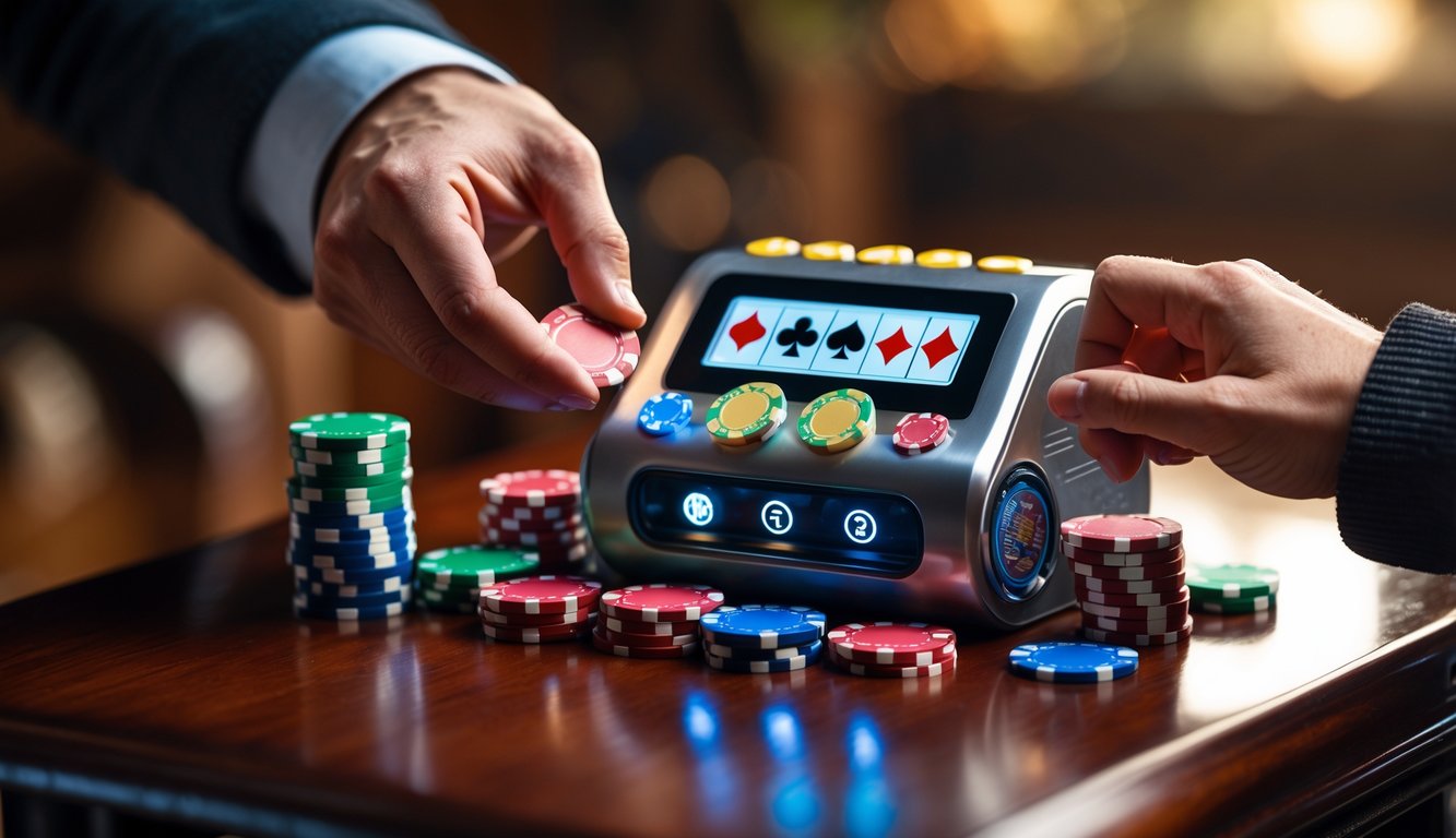 Meja permainan mini poker dengan mesin poker kecil, tumpukan chip poker, dan tangan yang sedang bermain.