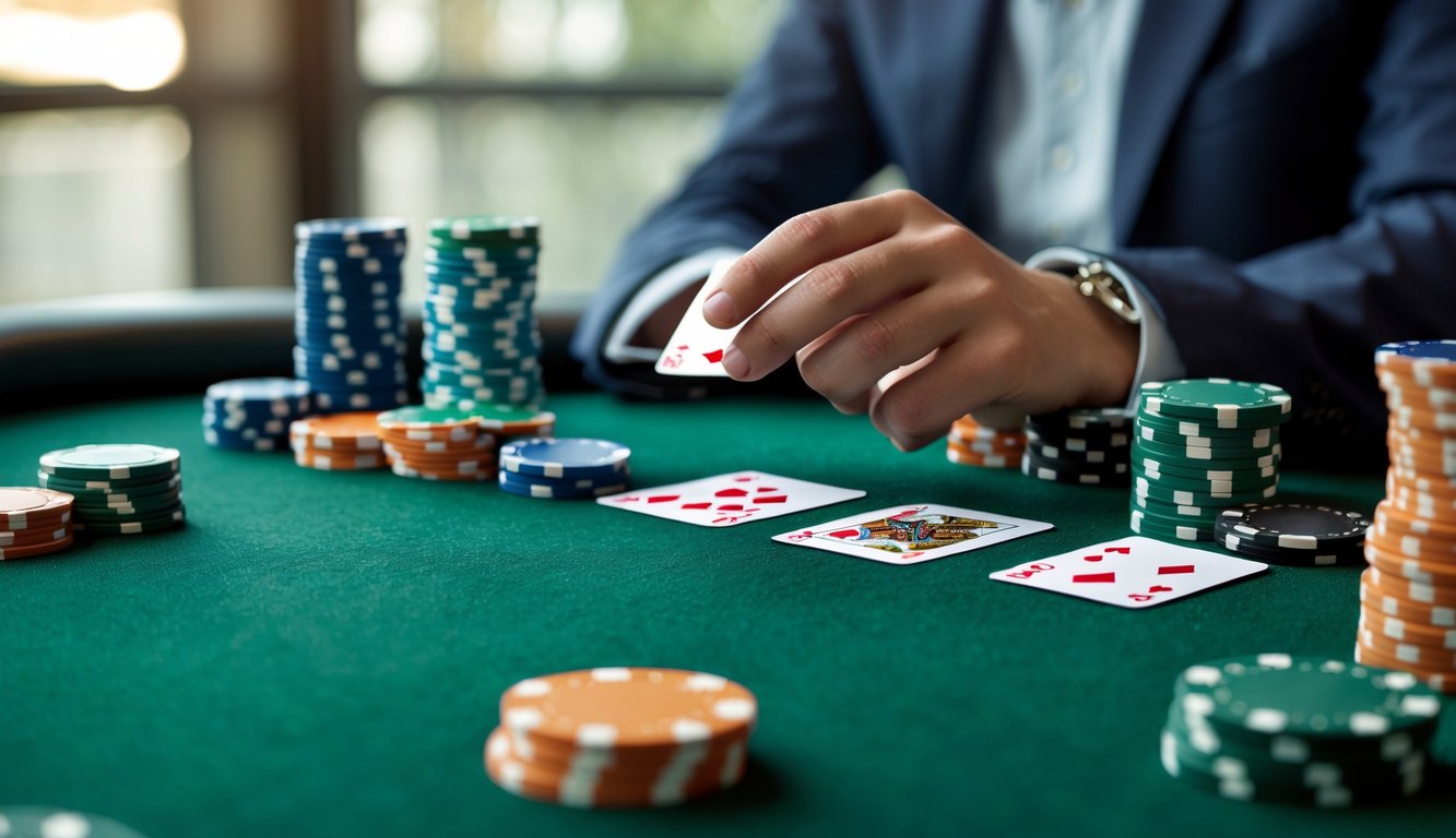 Meja poker dengan chip dan kartu yang dipegang tangan, menunjukkan suasana permainan mini poker yang fokus dan terorganisir.