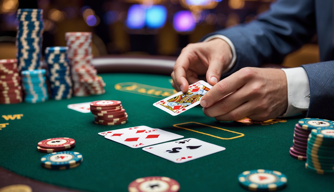 Seorang pemain sedang bermain Mini Poker di meja kasino dengan kartu dan chip poker.