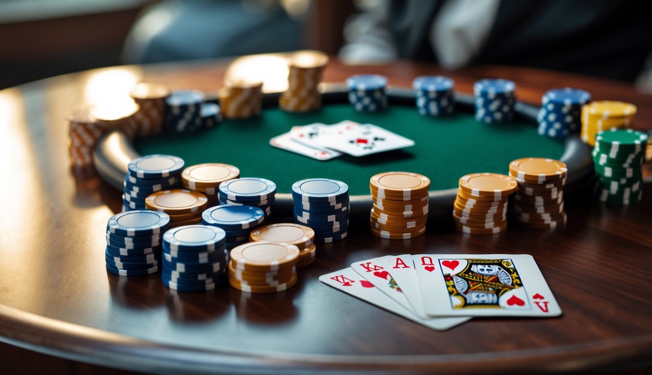 Tampilan dekat permainan mini poker dengan tumpukan chip dan kartu di atas meja kayu.