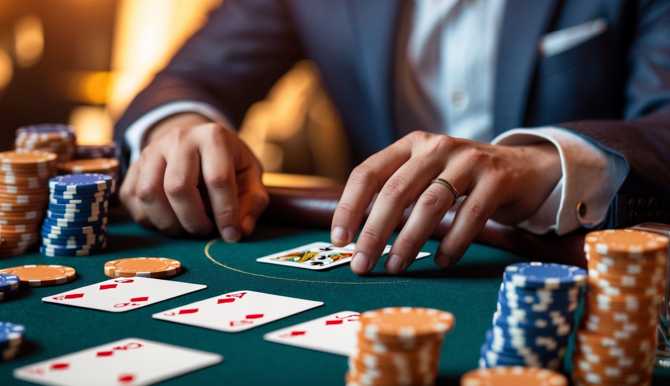 Tangan seseorang yang sedang bermain Mini Poker dengan kartu dan chip poker di meja kasino.