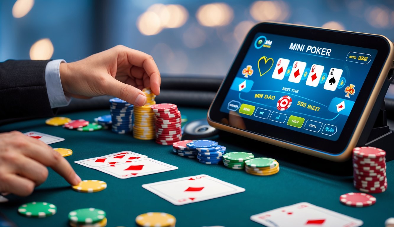 Tangan seseorang sedang memasang taruhan pada permainan Mini Poker di meja poker digital dengan chip dan kartu bermain.