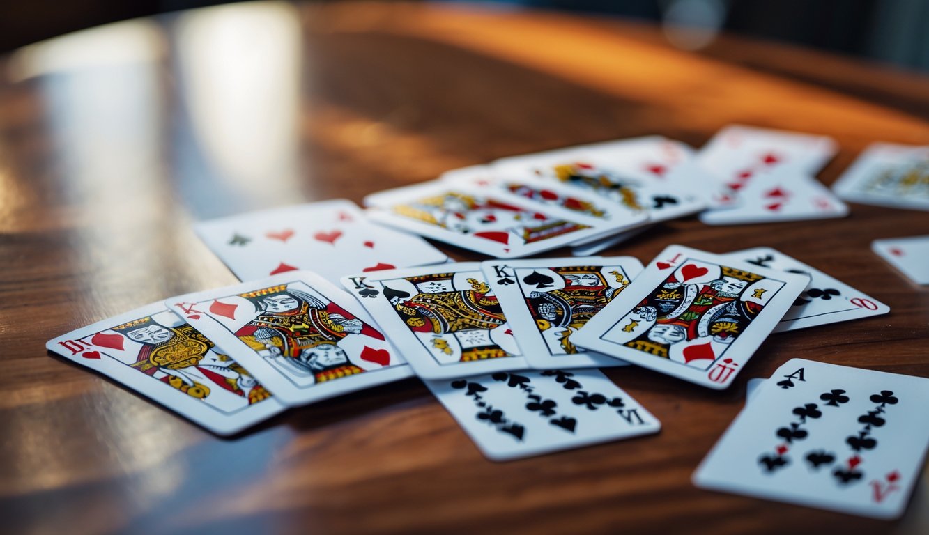 Tampilan dekat kombinasi kartu Mini Poker yang tersusun rapi di atas meja kayu.