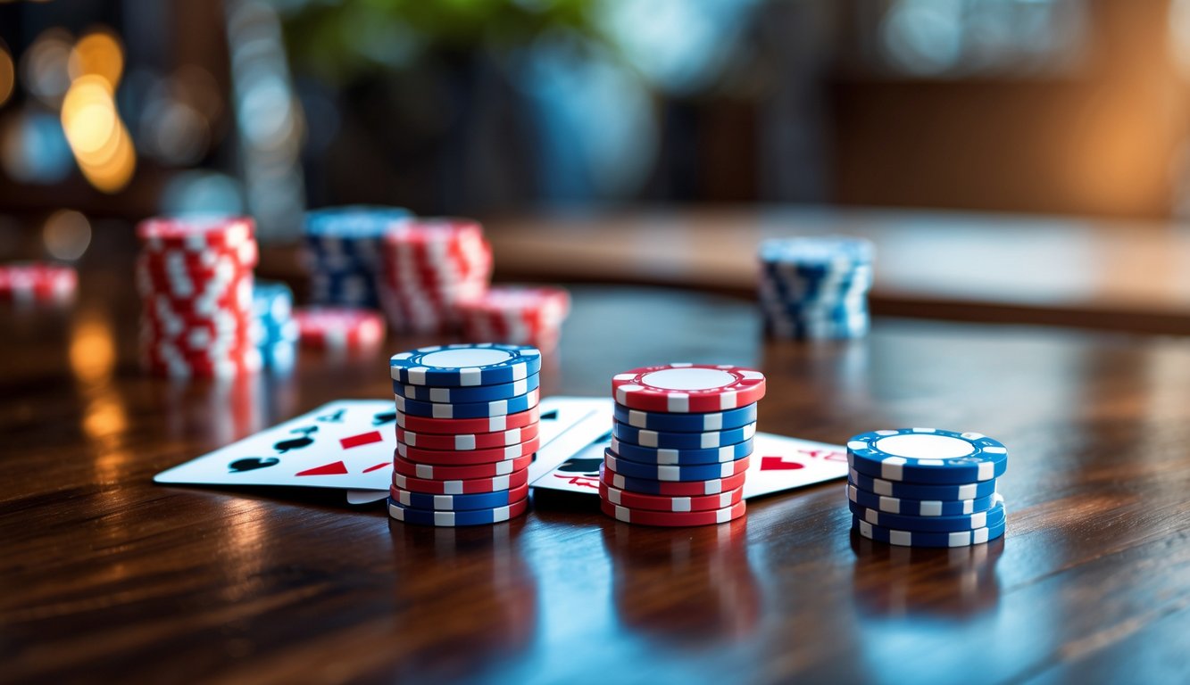 Meja poker mini dengan kartu dan tumpukan chip warna-warni di atas meja kayu.
