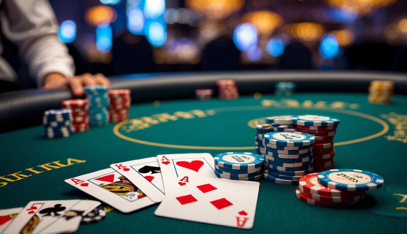 Pemandangan dekat permainan Mini Poker dengan kartu dan tumpukan chip di atas meja hijau.