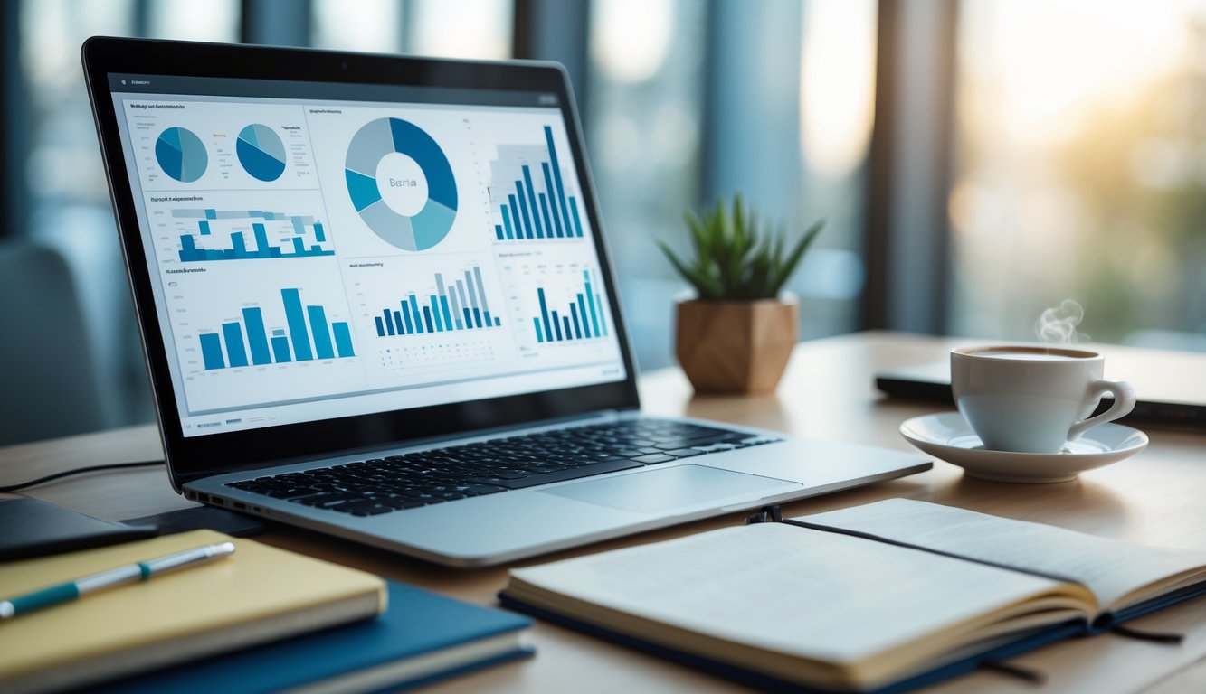 Meja kerja dengan laptop menampilkan grafik dan data, dilengkapi dengan alat tulis dan cangkir kopi.