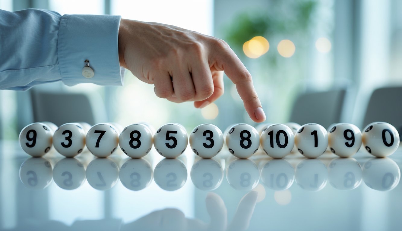 Tangan seseorang menunjuk pada bola bernomor yang tersusun di atas meja.