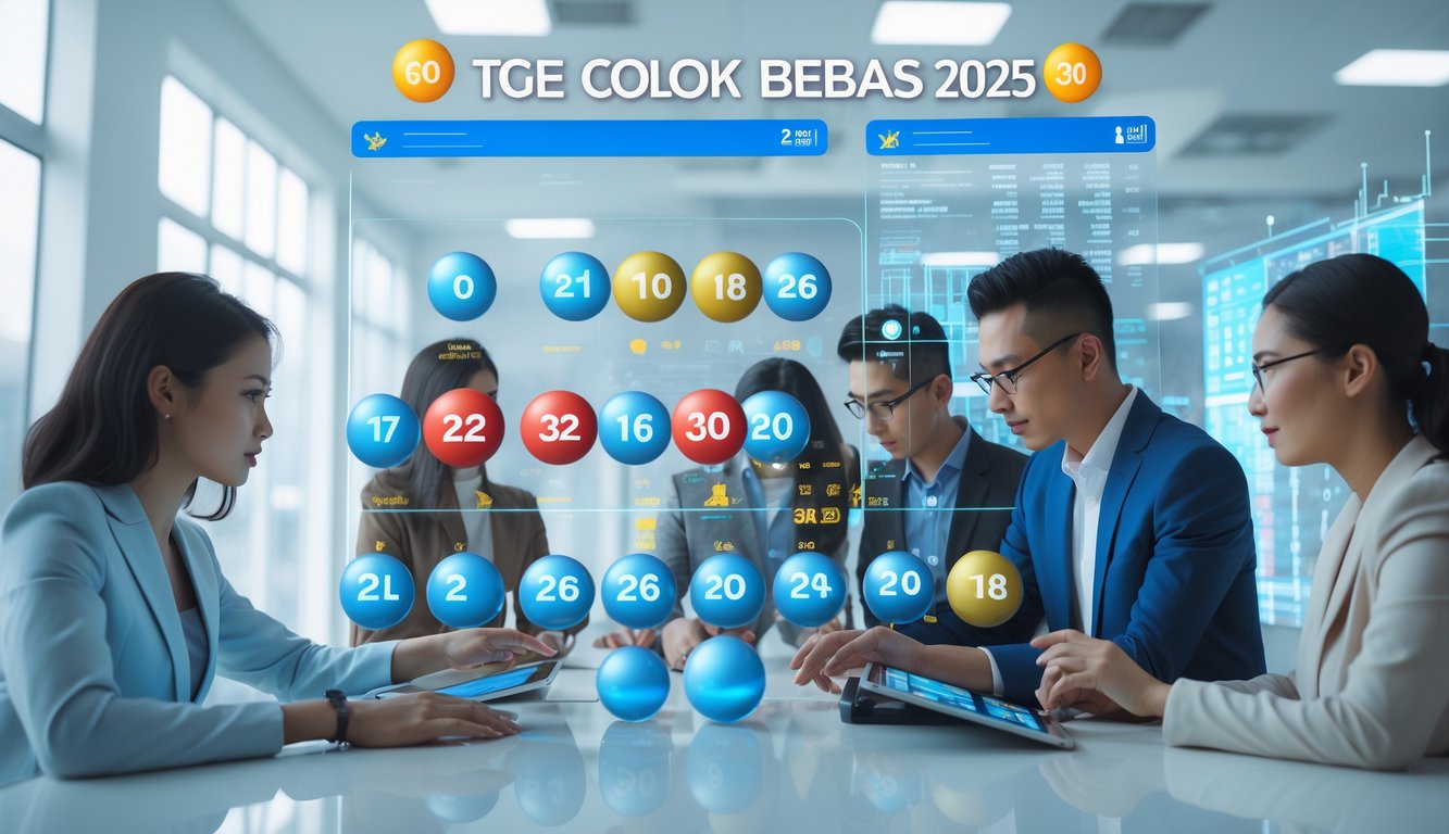 Orang-orang sedang melihat data lotere pada layar digital di sebuah kantor modern.