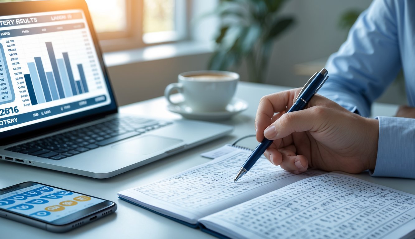 Meja kerja dengan laptop, tangan memegang pena di atas buku catatan, dan ponsel yang menampilkan layar tiket lotre yang buram.