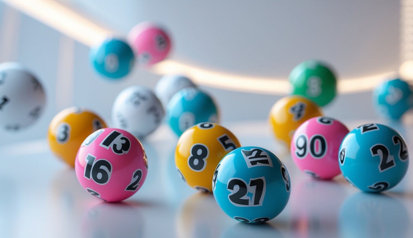 Beberapa bola lotere berwarna-warni dengan angka yang berbeda tersusun di atas permukaan putih dengan latar belakang samar.