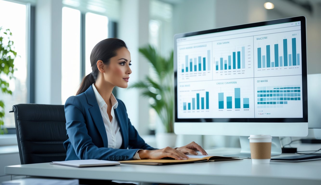 Seorang wanita profesional duduk di meja kantor modern sambil menganalisis grafik data di layar komputer.