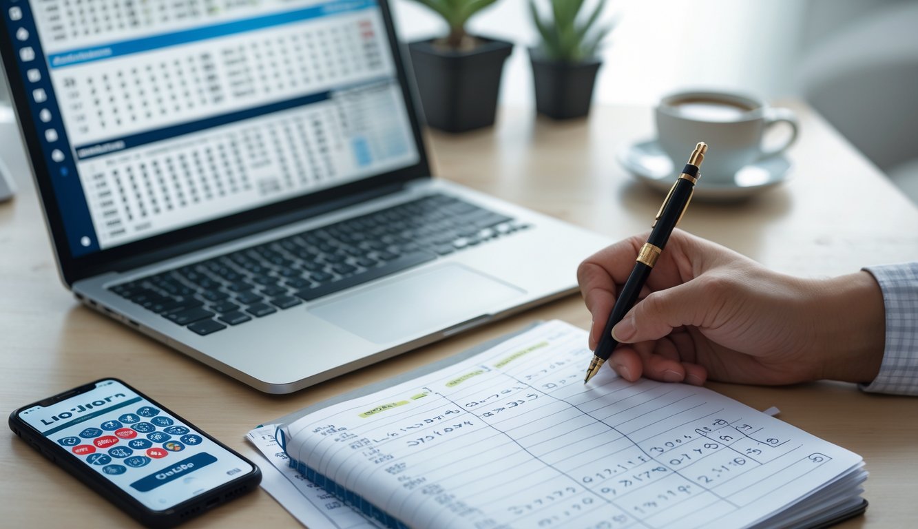 Sebuah meja kerja dengan laptop, tangan memegang pena di atas buku catatan berisi angka, dan ponsel menampilkan antarmuka lotere digital.