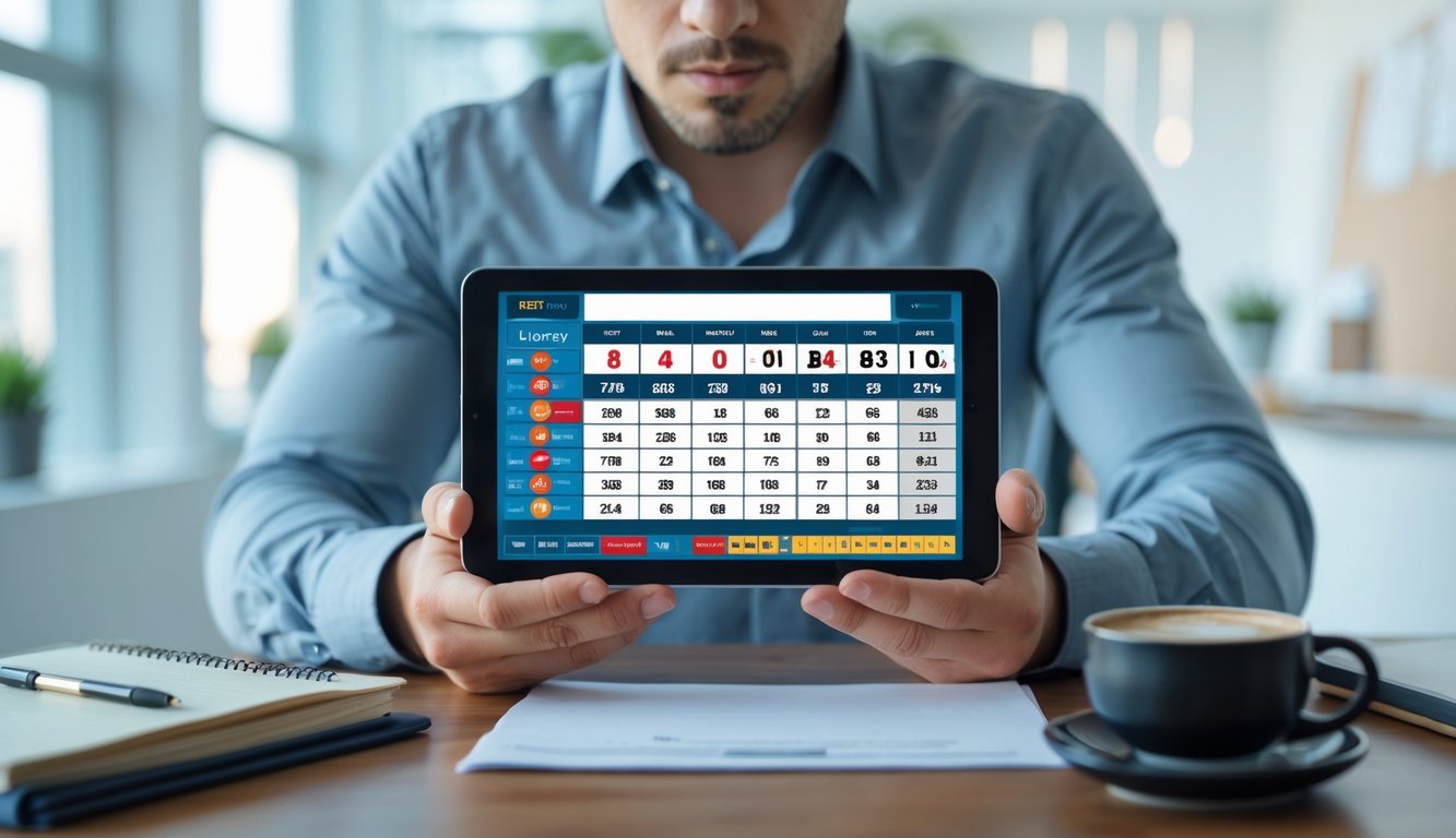 Seseorang yang fokus menganalisis hasil lotere atau perjudian menggunakan perangkat digital di sebuah meja kerja.
