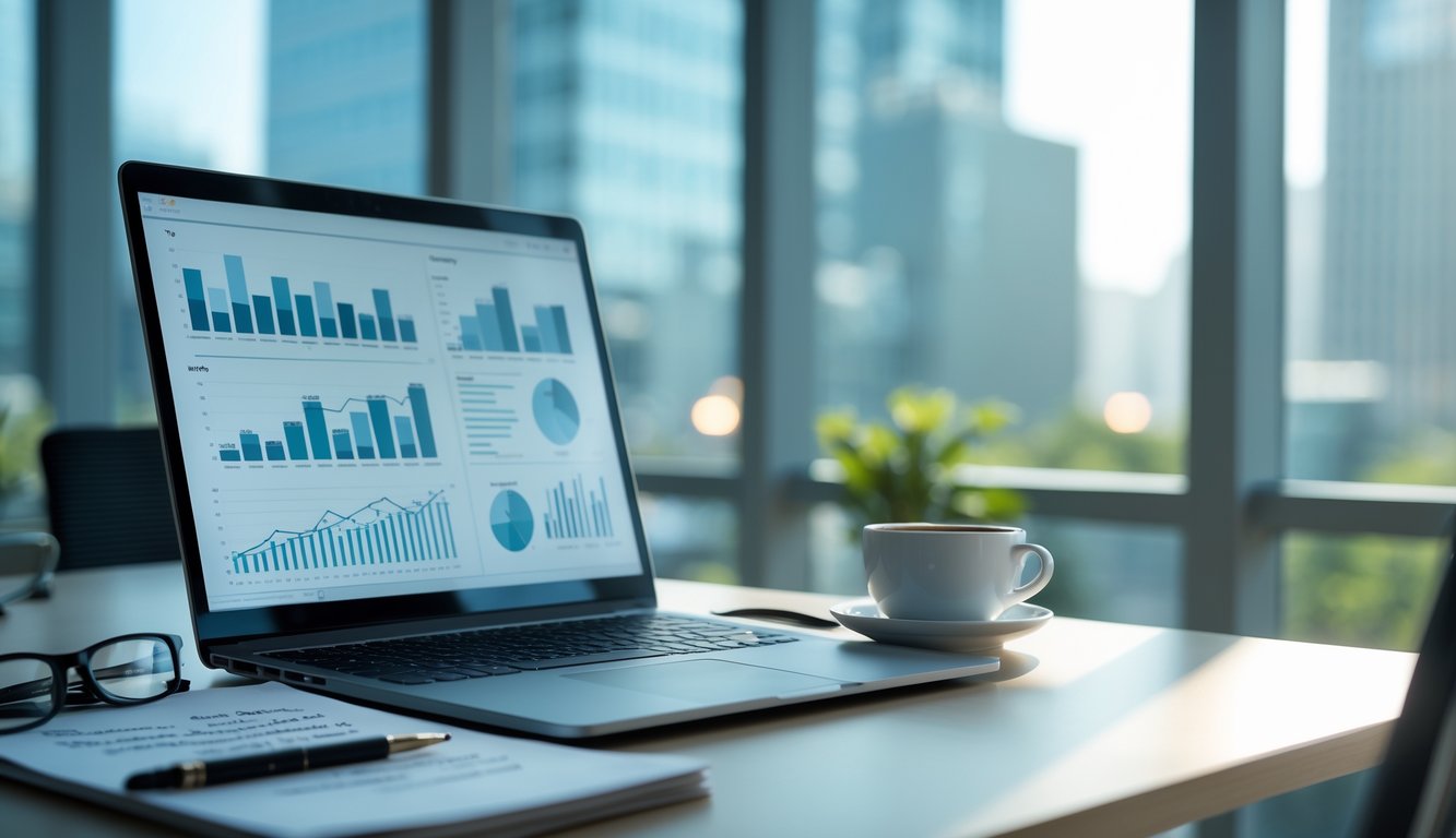 Meja kerja modern dengan laptop, kopi, dan alat tulis di ruang kantor yang terang dan rapi.