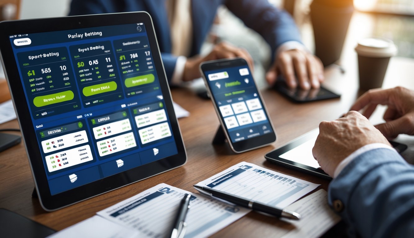 Tangan seseorang menggunakan perangkat digital di meja dengan slip taruhan dan alat tulis, menunjukkan suasana taruhan olahraga parlay.