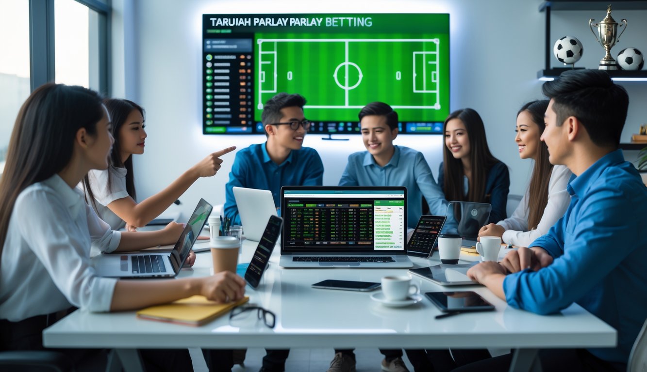 Sekelompok orang muda berkumpul di sekitar meja dengan perangkat digital yang menampilkan statistik dan skor pertandingan sepak bola, sedang berdiskusi serius.