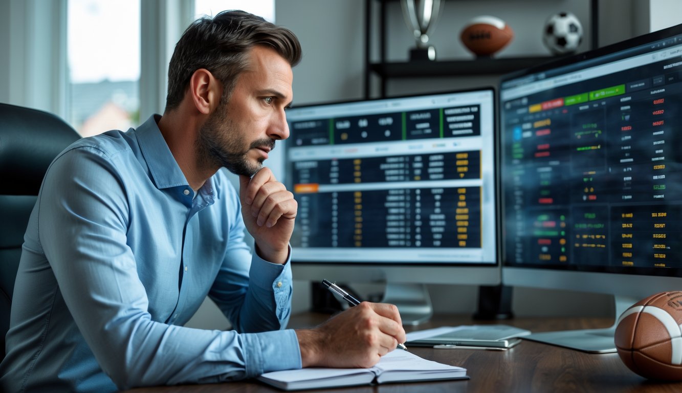 Seorang pria duduk di meja dengan beberapa layar yang menampilkan statistik pertandingan sepak bola dan peluang taruhan, tampak fokus menganalisis tips parlay bola.