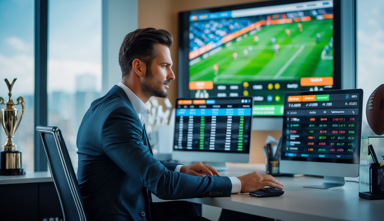 Seorang pria duduk di meja dengan beberapa perangkat digital yang menampilkan statistik olahraga dan pertandingan sepak bola yang sedang berlangsung.