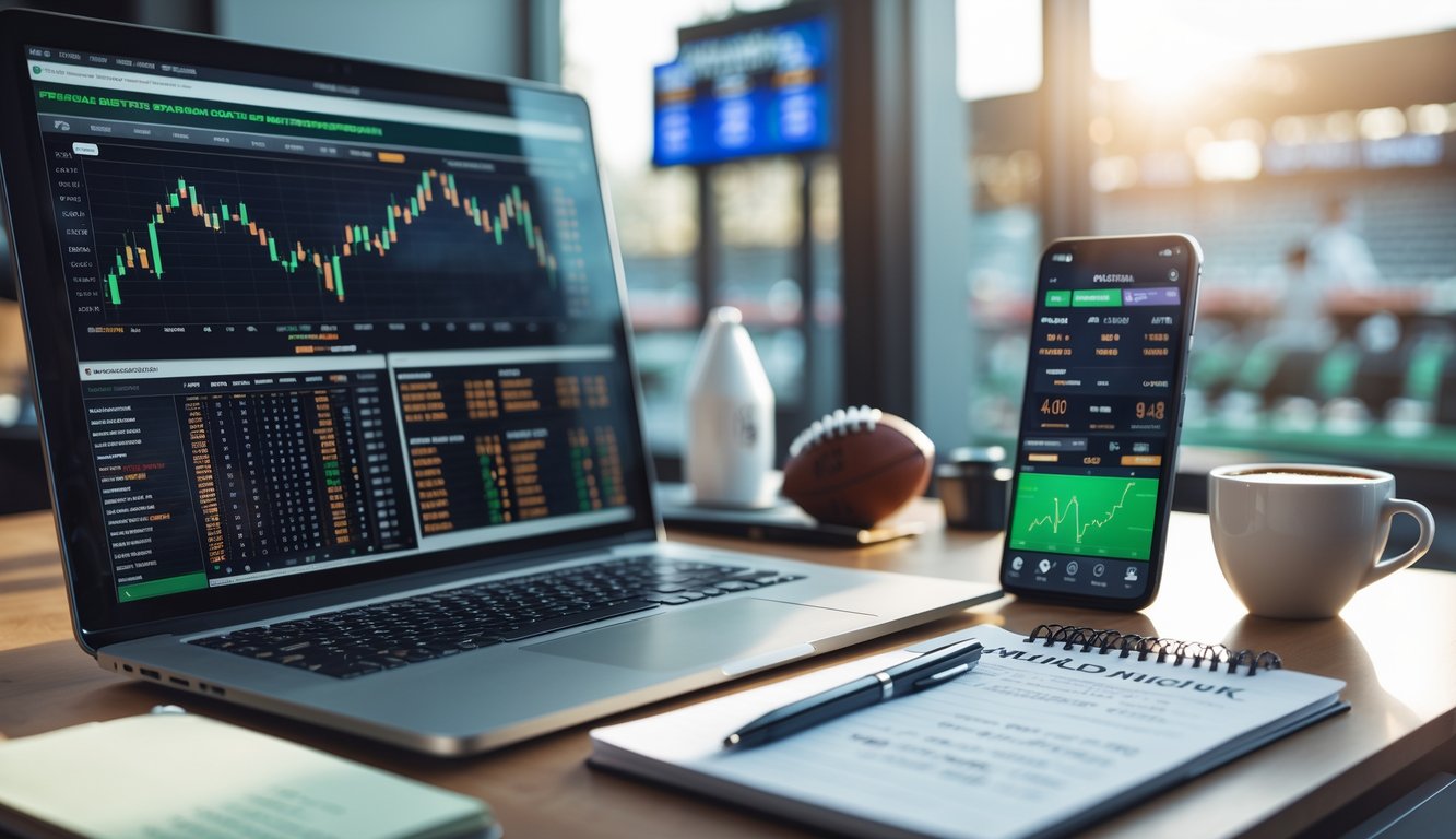 Meja kerja dengan laptop menampilkan statistik olahraga, ponsel dengan pembaruan langsung, dan alat tulis di atas meja.