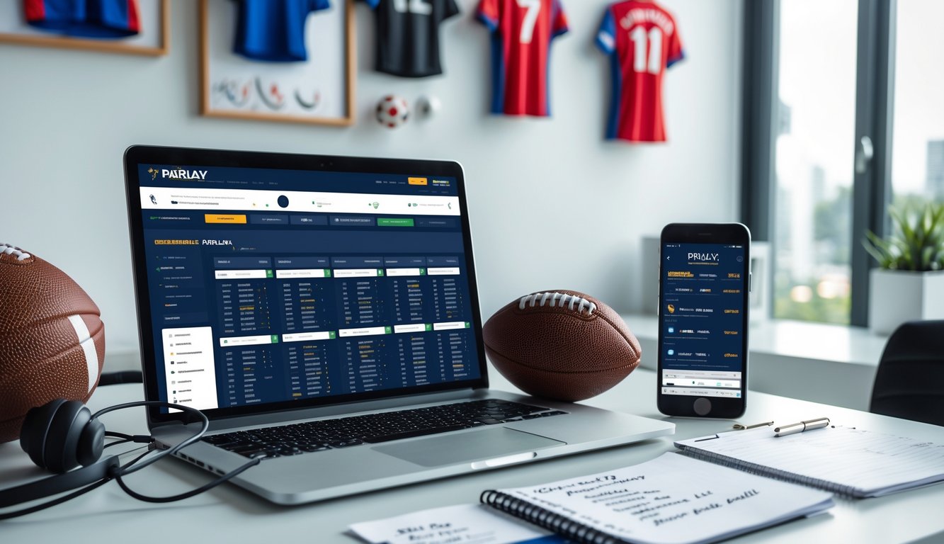 Meja kerja dengan laptop menampilkan situs taruhan bola, bola kecil, ponsel dengan aplikasi taruhan, dan catatan di lingkungan kantor yang terang.