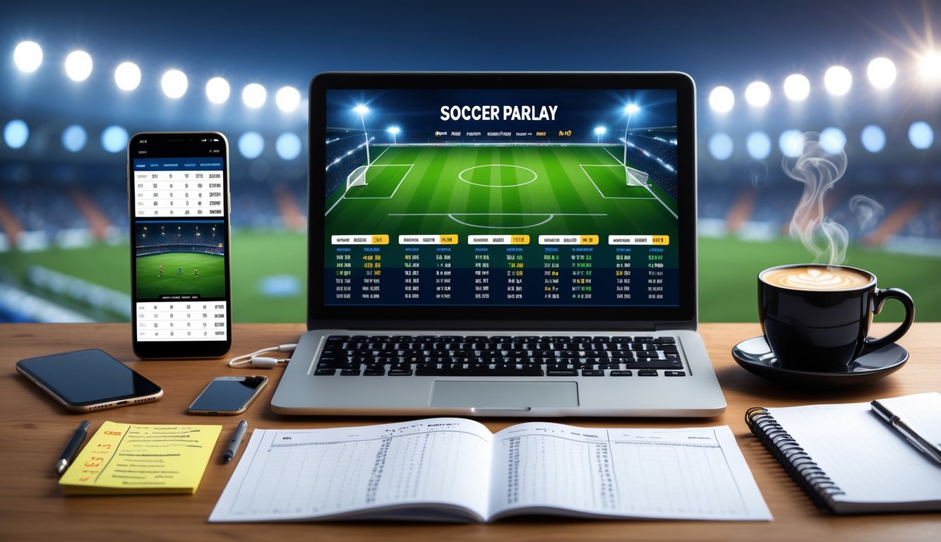 Seorang pria sedang menggunakan laptop dan ponsel di meja kerja dengan catatan dan kopi, menampilkan peluang taruhan sepak bola.