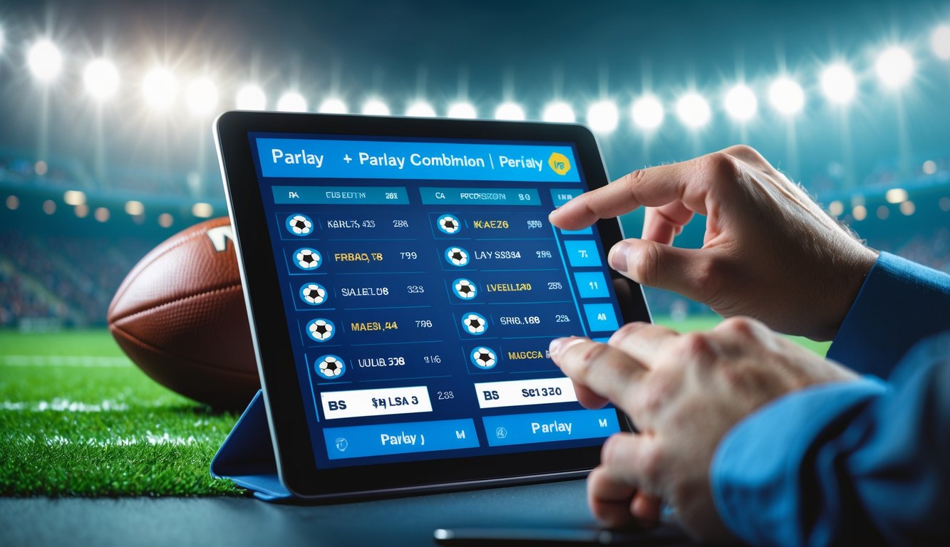 Tangan seseorang menggunakan perangkat digital untuk memilih kombinasi taruhan bola dengan latar belakang stadion sepak bola yang samar.