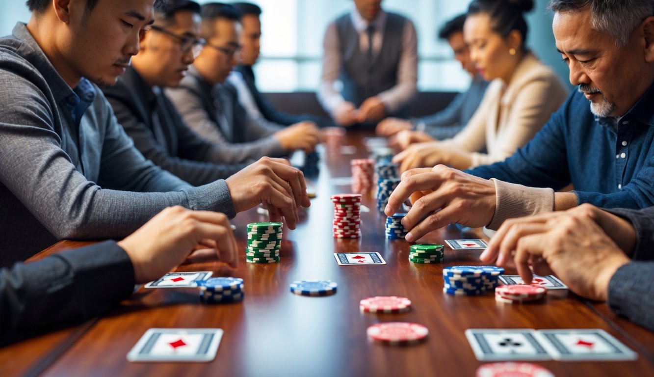 Sekelompok orang dewasa sedang bermain poker Cina di meja kayu dengan kartu dan chip taruhan.