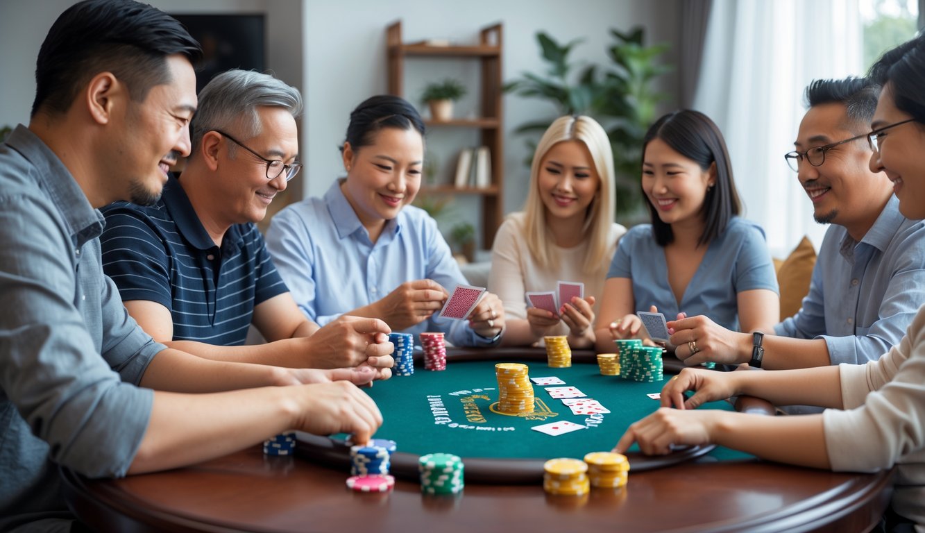 Sekelompok orang dewasa bermain poker Cina di meja kayu dengan kartu dan chip taruhan.