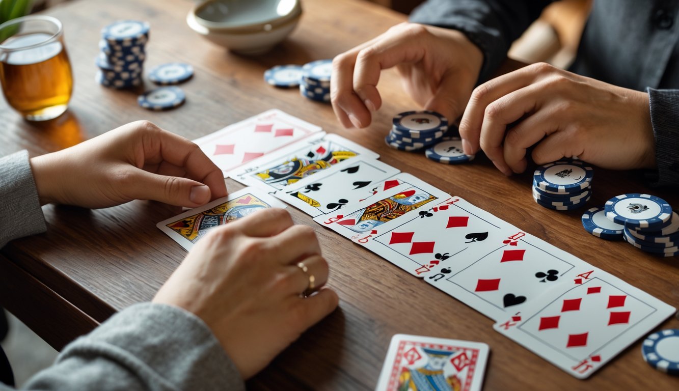 Meja kayu dengan kartu remi tertata rapi untuk permainan poker Cina, tangan sedang menyusun kartu, dengan chip poker dan gelas teh di samping.