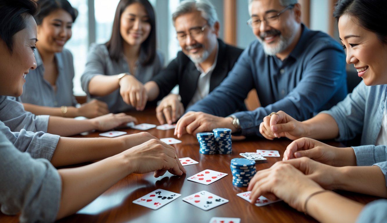 Beberapa orang dewasa sedang bermain Chinese Poker di meja kayu dengan kartu dan chip poker tertata rapi.