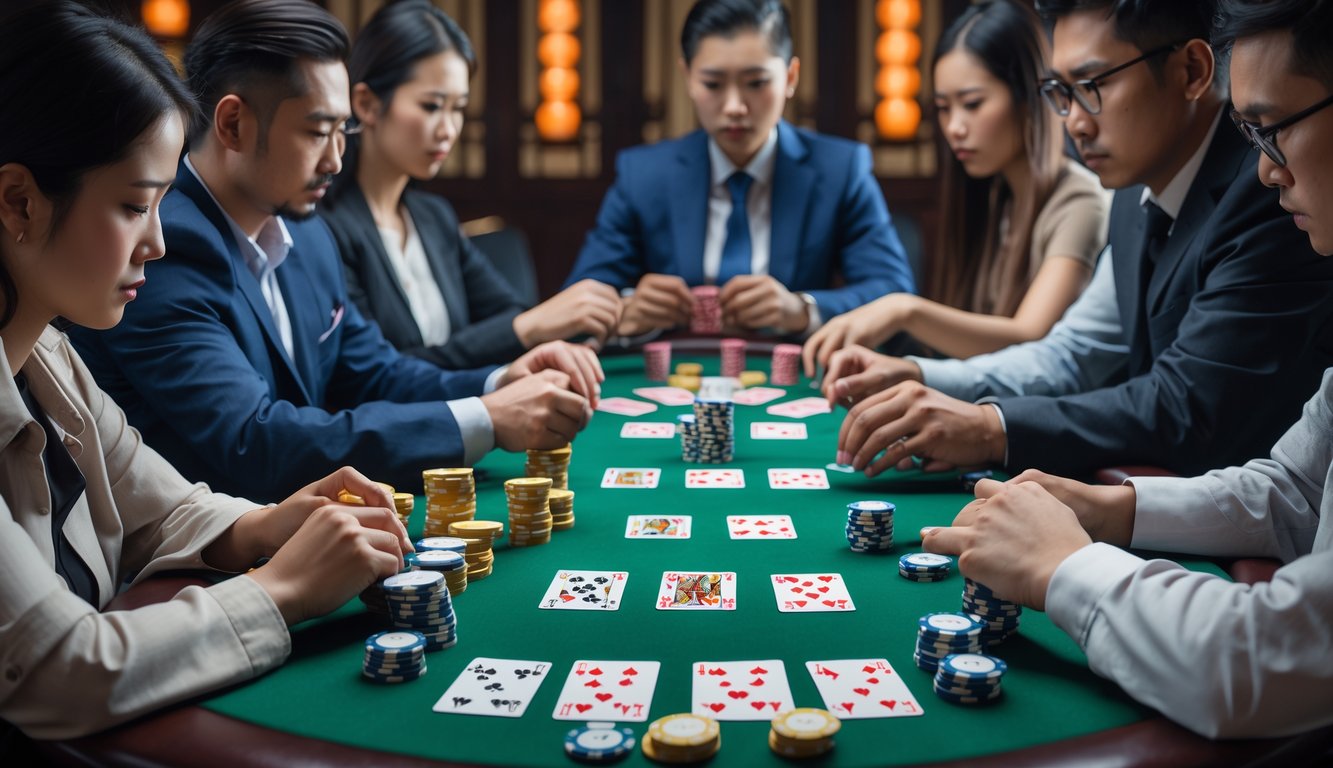 Beberapa pemain sedang duduk di meja poker dengan kartu dan chip, fokus bermain Chinese Poker.