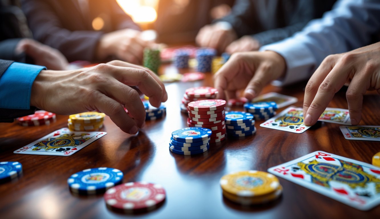 Tangan pemain sedang mengatur chip dan kartu dalam permainan poker Cina dengan uang asli di atas meja kayu.