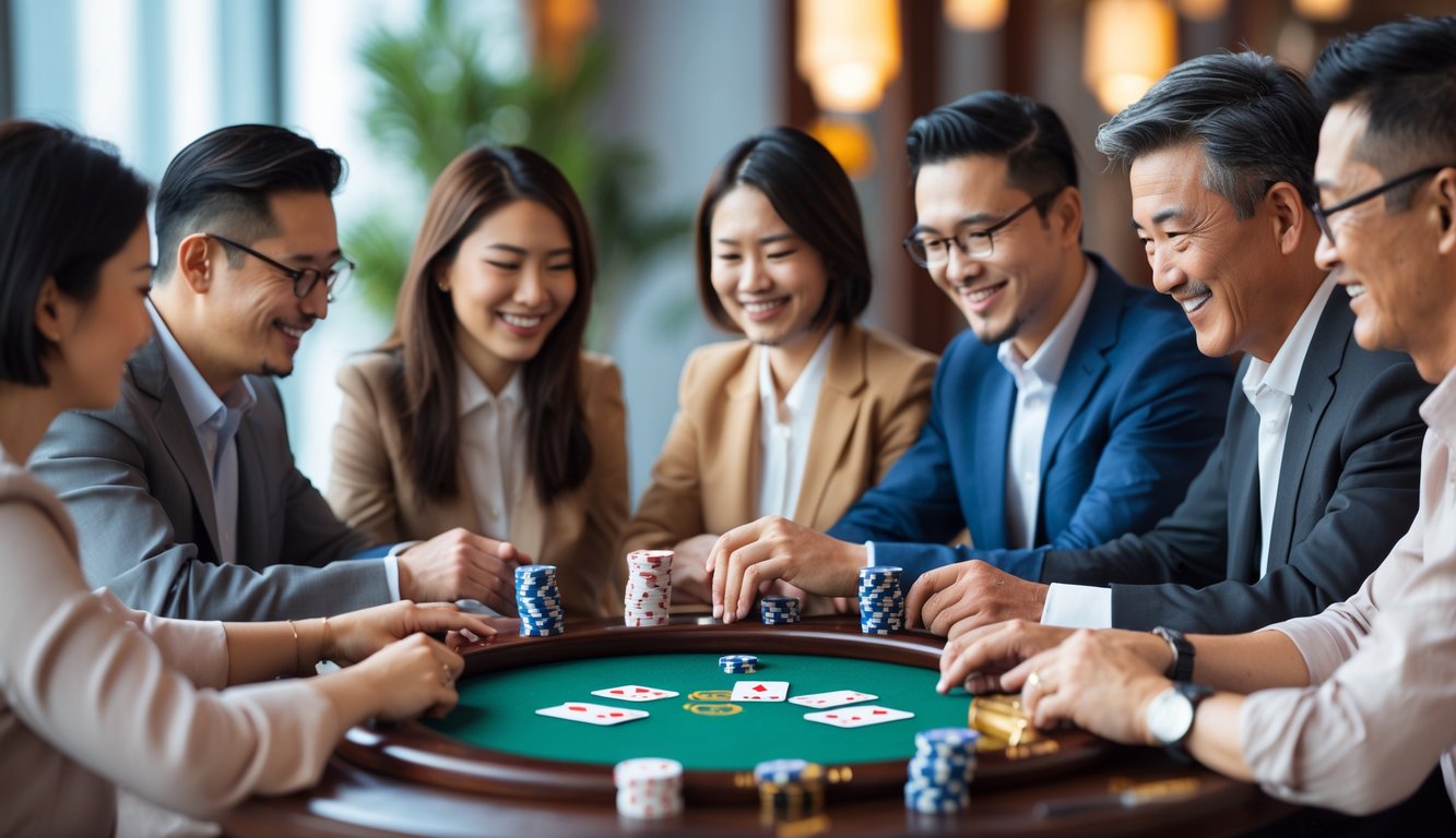Sekelompok orang dewasa bermain kartu Chinese Poker di meja kayu dengan suasana hangat dan ceria.