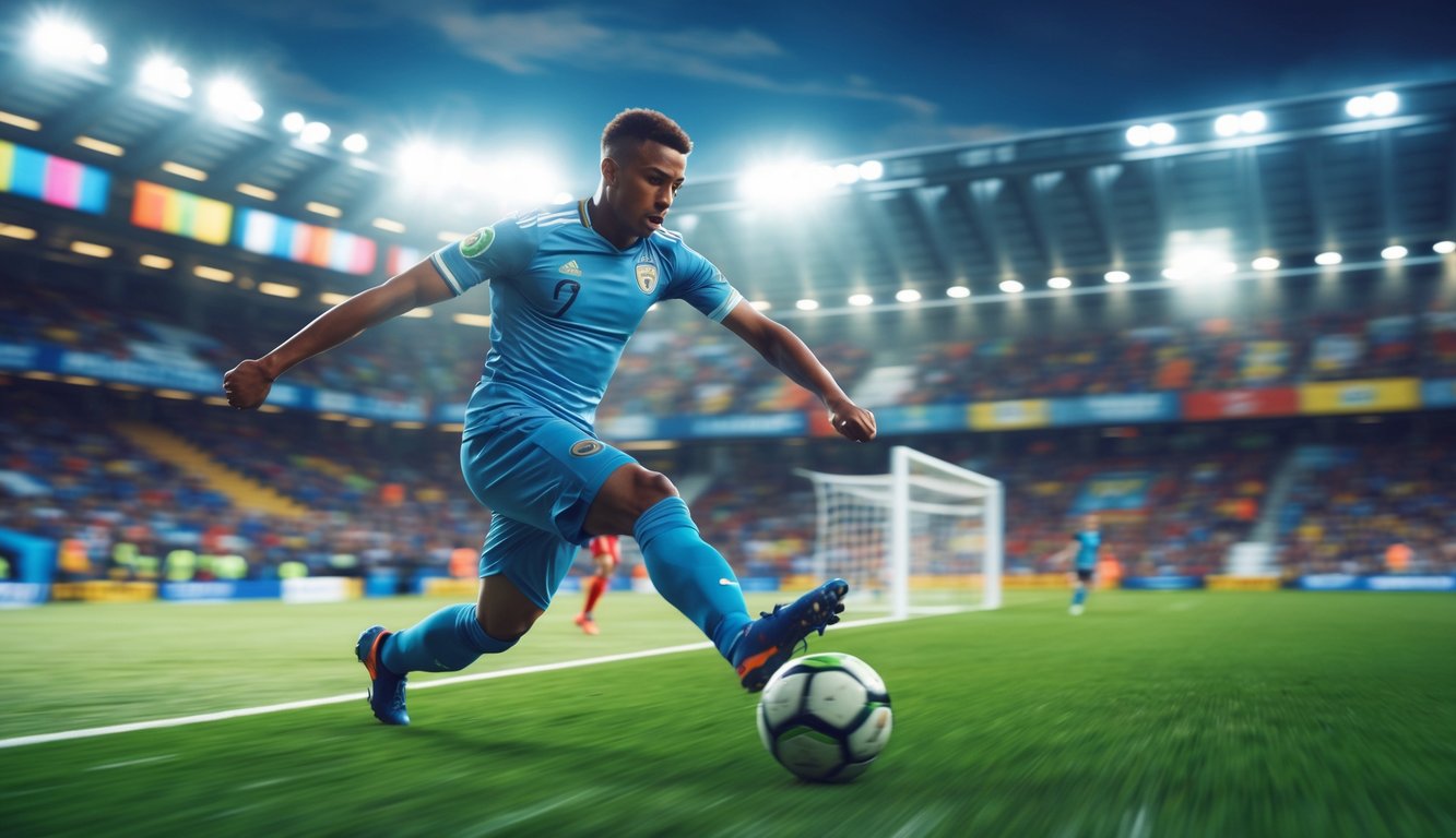 Seorang pemain sepak bola sedang menendang bola menuju gawang dalam pertandingan yang sedang berlangsung.