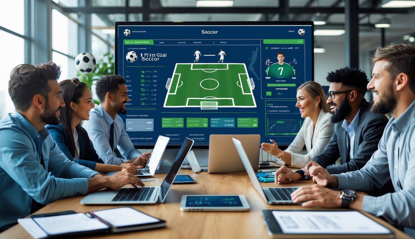 Sekelompok analis olahraga sedang berdiskusi di kantor modern dengan layar digital menampilkan statistik sepak bola dan pemain yang mungkin mencetak gol pertama.